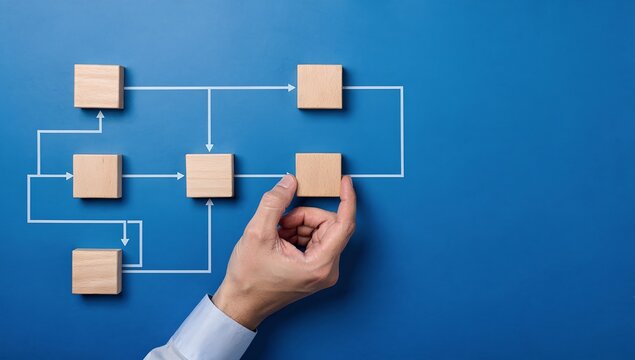 A hand arranging a wooden block in a workflow diagram