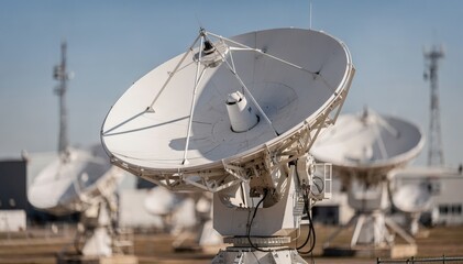 Medium shot of a satellite dish array transmitting news reports under clear blue skies main dish in sharp focus with background blurred for professional broadcast feel.