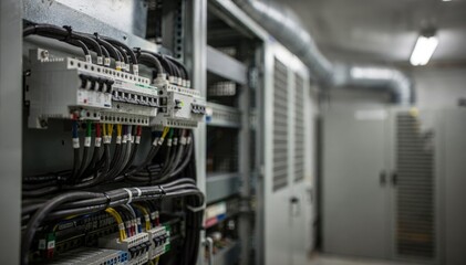 Focused view on power systems and cabling in a rural telecom shelter interior with blurred metal racks and ventilation units creating depth.