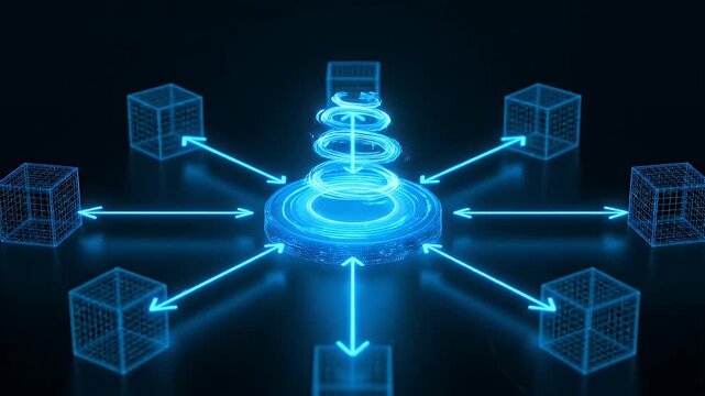 Futuristic blockchain technology network with central data connection hub.
