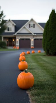 Orange pumpkins lining a driveway leading to a house during autumn season