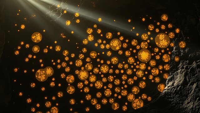 Fossilized microbial patterns glow in ancient rock, lit by primal sunlight.