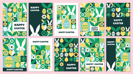 Set of geometric Easter greeting card. Abstract background with bunny, egg and flower. Vector illustration © Karolina Madej
