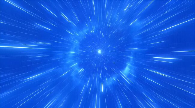 Futuristic warp tunnel effect in a vibrant blue background, hyperspace travel simulation