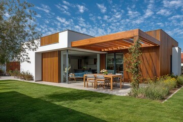 Obraz premium Modern home with wood accents and outdoor dining area on a sunny day