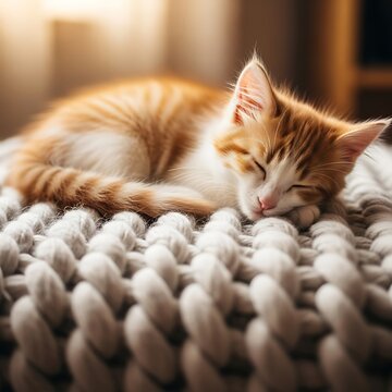 Orange tabby kitten sleeps peacefully on a soft knitted cushion closeup