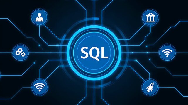 Digital SQL database technology concept with network icons on blue background