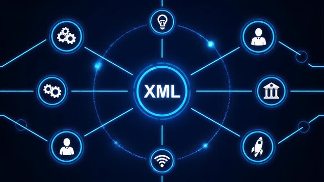 Futuristic digital XML technology network interface with glowing blue icons.