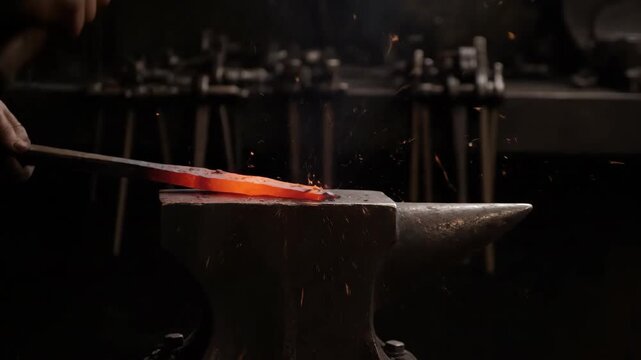 Blacksmith forging metal on anvil with hammer, sparks flying in workshop.