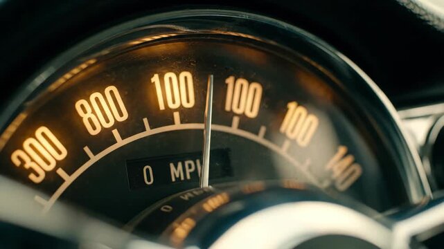 Close-up of a classic car speedometer showing zero miles per hour.