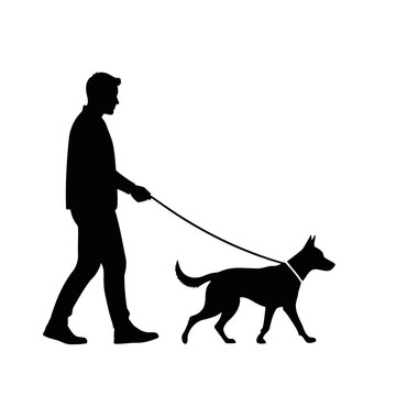 A man walking his dog on a leash in a simple silhouette