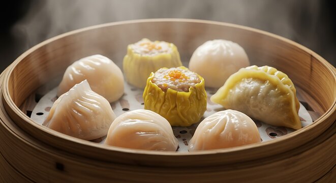 Close up of assorted steamed dumplings in a bamboo steamer traditional food