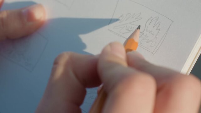 Closeup hand refining sketch lines on page, small panel outlines receive careful redraw and gentle erasure as fingers steady for precision warm light and soft shadow highlight deliberate creative