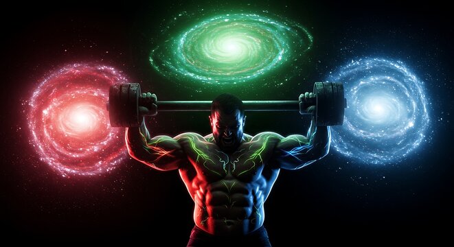 Athlete lifting barbell with glowing galaxies body building concept dark background