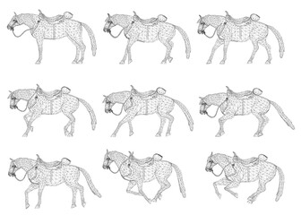 A wireframe horse with a saddle is constructed from geometric shapes and lines. This intricate animal design is isolated on a clean white background.