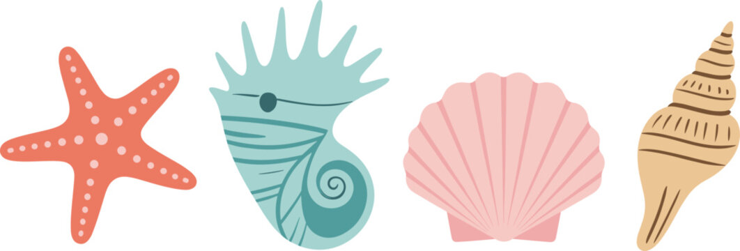 Cute sea shells and starfish vector set colorful marine elements collection ocean beach icons including seahorse scallop shell and spiral shell flat illustration