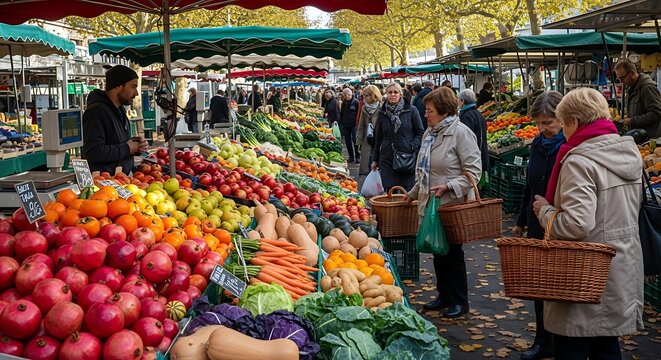 Outdoor market scene with fresh produce and shoppers under awnings