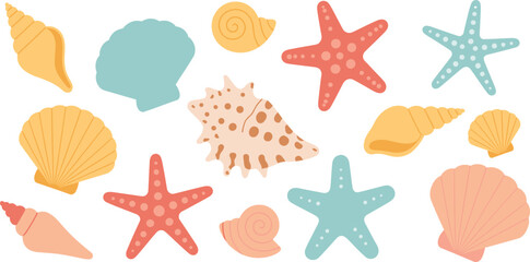 Seashells and starfish vector illustration collection isolated on light background, colorful marine life set with shells and sea stars, tropical beach theme © MSTALIFNUR