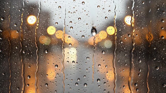 Raindrops on wet glass window with blur bokeh lights in rainy evening