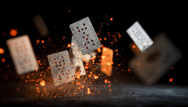 A captivating moment of a deck of playing cards exploding mid-air, with a dynamic scatter of fiery orange dust illuminating a dark background, evoking suspense and fortune
