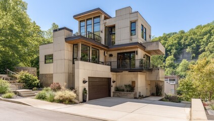 Fototapeta premium Modern, multi-level home with concrete facade and ample windows