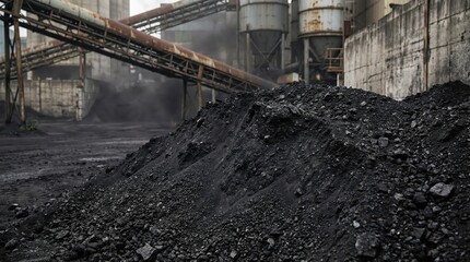 Fototapeta premium Coal industry landscape with piles of coal in industrial setting