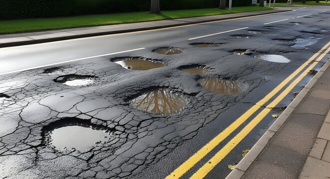 Damaged road with multiple potholes filled with water and cracked asphalt cracks