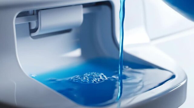 Close Up Blue Liquid Detergent Pouring into Washing Machine Dispenser Drawer