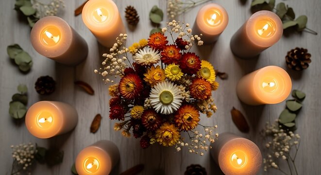 Overhead view of lit candles surrounding a colorful floral arrangement
