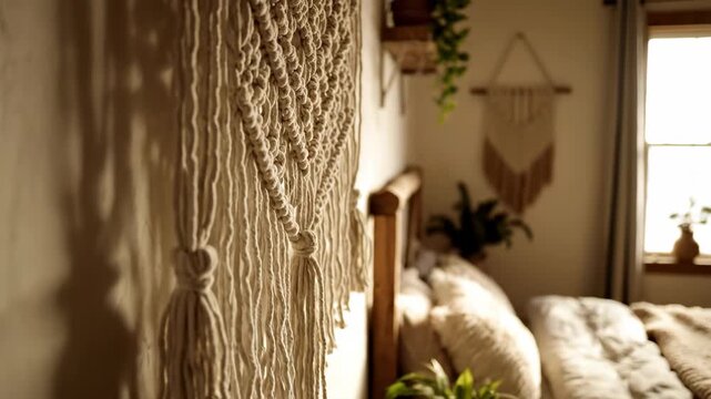 Cozy Bohemian Bedroom Decor with Macrame Wall Hanging and Plants.