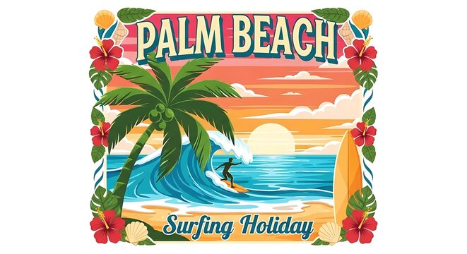 Palm beach surfing holiday illustration tropical beach scene with surfer