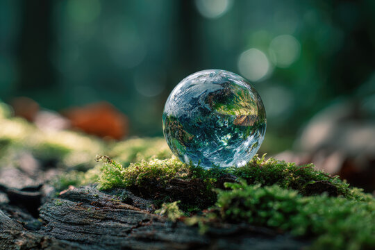 Crystal earth  in forest Environment, save world, earth day and conservation Concept.conservation