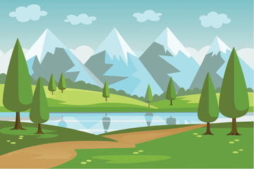 Cartoon Mountain Landscape with Lake and Trees Nature Scenic View Flat Design