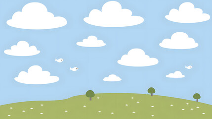 Fototapeta premium Blue sky with clouds, birds, green hills