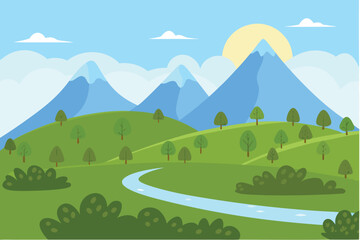 Cartoon Mountain Landscape with River and Trees Bright Sunny Day Flat Design Stock Illustration