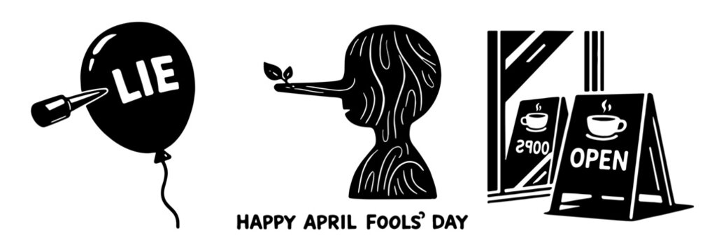 エイプリルフールのユーモアアイコンセット（嘘の風船・長い鼻・逆さOPEN看板）、April Fools Day humor icon set with lie balloon long nose and reversed open sign