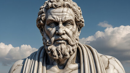 Close-Up View of a Monumental Marble Statue of an Ancient Philosopher Against a Blue Sky