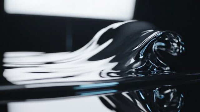 Liquid metal waves flowing through a sleek metallic structure in a futuristic environment viewed from a low angle