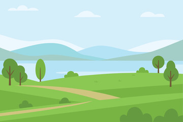 Green Rolling Hills Landscape with Path and Lake Flat Design