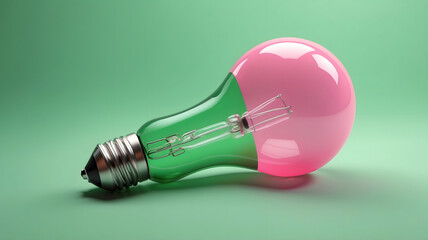 Colorful Green And Pink Light Bulb Design On Soft Green Background Showcasing Creativity And Innovation