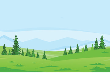 Fototapeta premium Green Rolling Hills with Pine Trees and Mountains in Background Flat Design Illustration