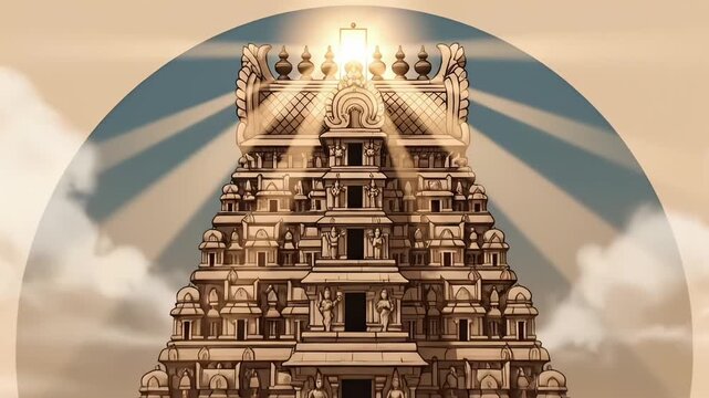 Ancient hindu temple architecture illustration representing tamil new year celebration traditional indian culture sacred heritage monument design background