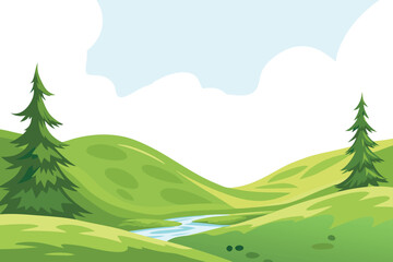 Obraz premium Green Rolling Hills with Winding River and Pine Trees Bright Sky Stock Illustration