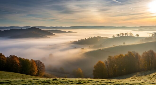 Panoramic view of rolling hills with morning fog and sunlight