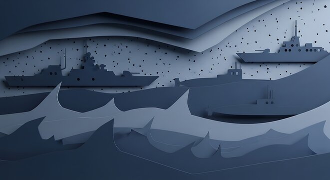 Paper art illustration of naval vessels on textured blue background