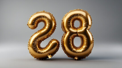 Gold Number Twenty Eight Balloon Decoration With Glossy Finish Isolated On Gray Background