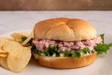 spam salad sandwich servedwith potato chips