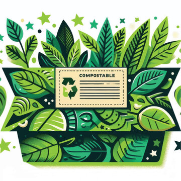 Compostable Label Surrounded by Green Leaves.