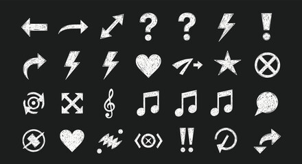 A comprehensive set of white, chalk-drawn icons on a black background, featuring arrows, symbols, and multimedia signs for user interface design.