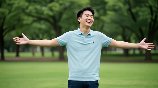 A cheerful man laughs with arms outstretched in a park with blurred trees
